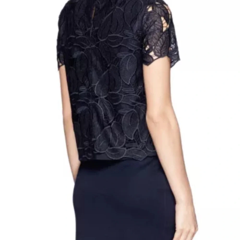 Tory Burch Women's Lace Short Sleeve Navy Top Blouse, Size 4
